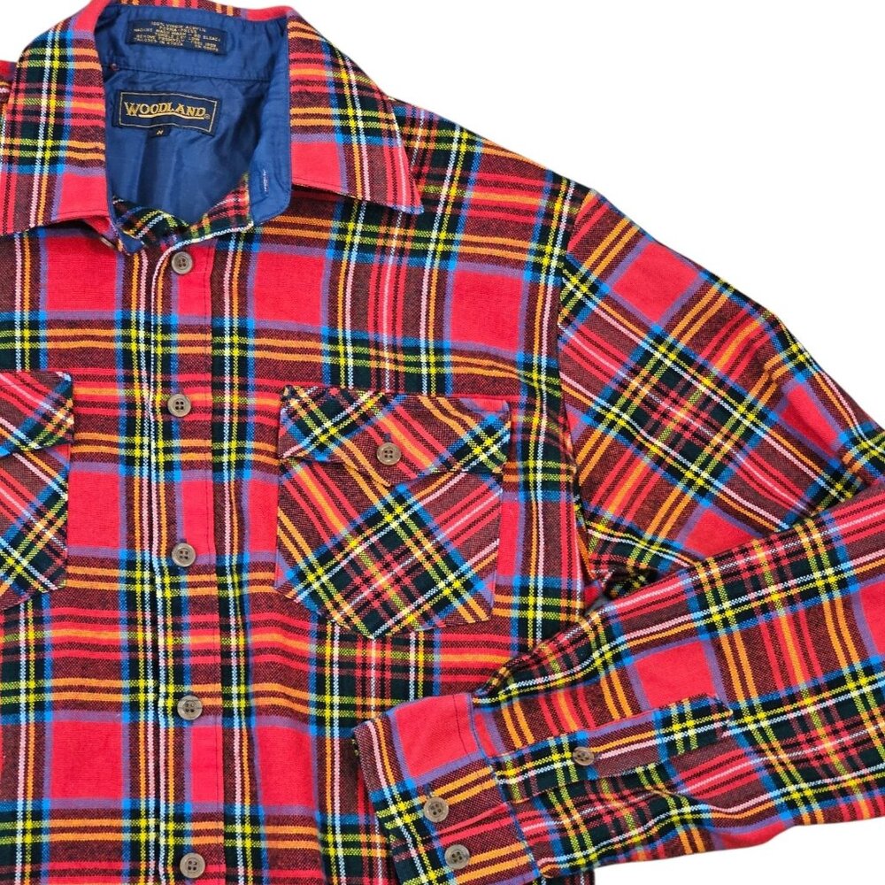 Vintage Mens Red Flannel Plaid Shirt Long-sleeved Button Up Pockets Size M